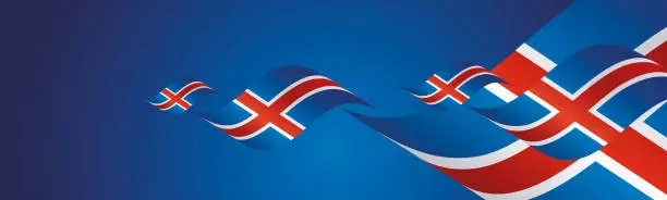 Vector illustration of Iceland National Day waving flags two fold blue landscape background
