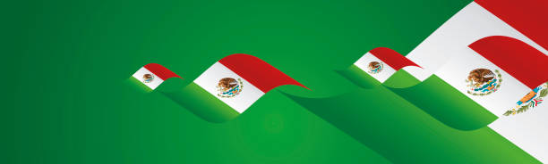 mexiko-unabhängigkeitstag, der fahnen schwenkt, zweifacher grüner landschaftshintergrund - mexico flag three dimensional shape illustration and painting stock-grafiken, -clipart, -cartoons und -symbole