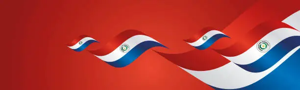 Vector illustration of Paraguay Independence Day waving flags two fold blue landscape background