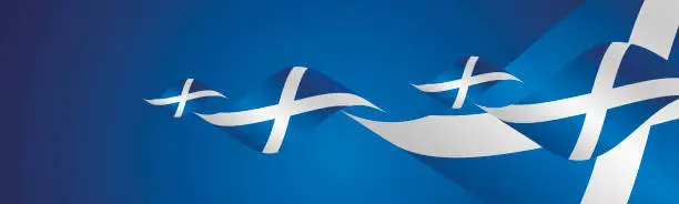 Vector illustration of Scotland Saint Andrews Day waving flags two fold blue landscape background