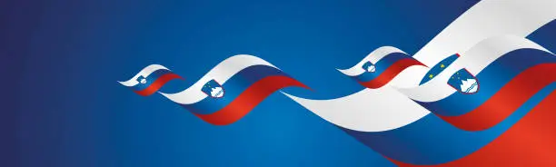 Vector illustration of Slovenia Independence Day waving flags two fold blue landscape background