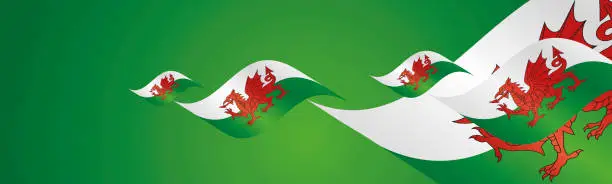 Vector illustration of Wales Saint Davids Day waving flags two fold green landscape background