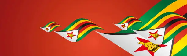 Vector illustration of Zimbabwe Independence Day waving flags two fold red landscape background