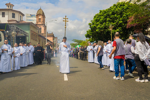 Medellin, Antioquia, Colombia. April 14, 2022. Participate in a Holy Week procession