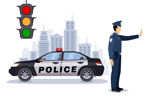 The police officer signals to stop with a commanding gesture, standing tall and authoritative in uniform.
