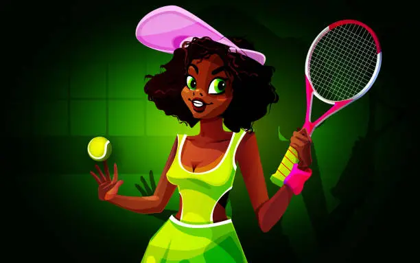 Vector illustration of Concept of game sport and victory in cartoon style. A young beautiful girl tennis player with a tennis ball and a sports racket on the background of a tennis court. Close-up.