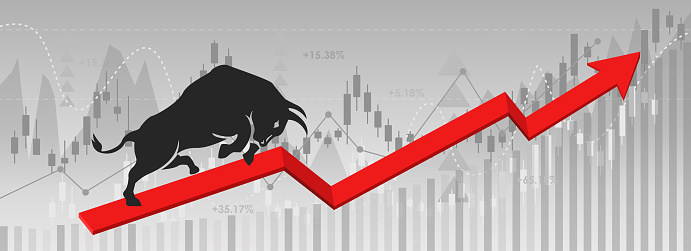 stock market bull,black bull on red arrow and line chart,abstract financial chart with uptrend line graph and numbers in stock market