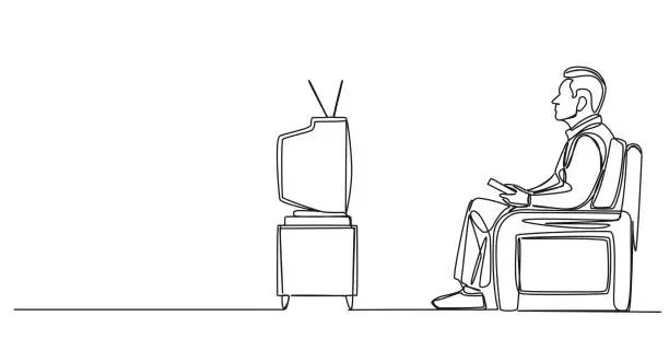 Vector illustration of single line drawing of senior man watching TV show on old tube TV set