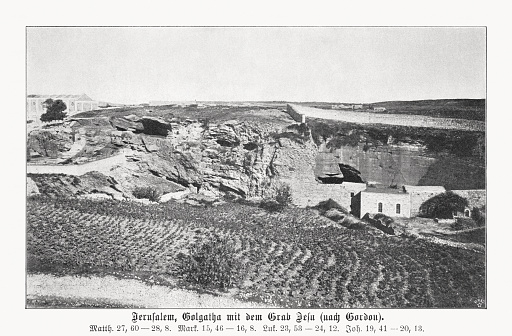 Historical view of Jeremiah's Grotto, Skull Hill and Garden Tomb - a Christian pilgrimage site in Jerusalem, Israel, considered by some Protestants to be the empty tomb whence Jesus of Nazareth resurrected. The Garden Tomb is adjacent to a rocky knoll known as Skull Hill. In the mid-nineteenth century, some Christian scholars proposed that Skull Hill is Golgatha, where the Romans crucified Jesus. Accordingly, the Garden Tomb draws hundreds of thousands of annual visitors, especially Evangelicals and other Protestants. Halftone print based on a photograph, published in 1899.