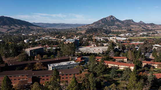 San Luis Obispo, California, USA - December 3, 2021: Afternoon light shines on the downtown campus of Cal Poly San Luis Obispo (SLO).