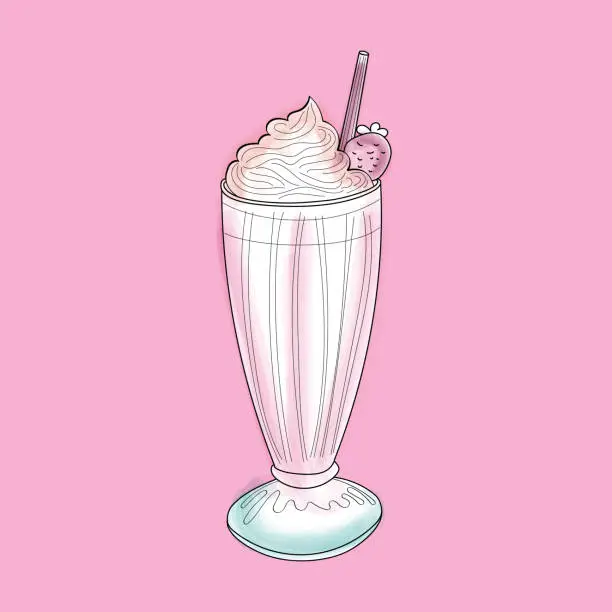 Vector illustration of Hand painted watercolor milkshake on pink background