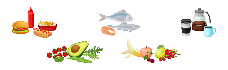 Food Category and Nutrition Group with Fast Food, Vegetables, Fish, Coffee and Fruit Vector Set. Product for Healthy and Balanced Eating Concept