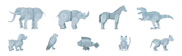 Vector illustration of Mechanical Animals Assembled from Metal Parts Vector Set