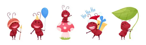 Vector illustration of Cute Little Ant Baby Doing Various Activities Vector Set