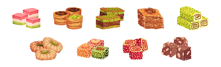 Tasty Oriental Sweets and Turkish Delights Vector Set. Sugary Pastry and Arabic Dessert