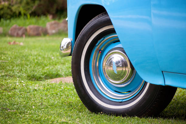 Brighton, Tasmania, Australia, October 6, 2012: View of a beautiful vintage blue Chevrolet motor vehicle in excellent condition, being used as a wedding car, parked on lawns outside a reception venue