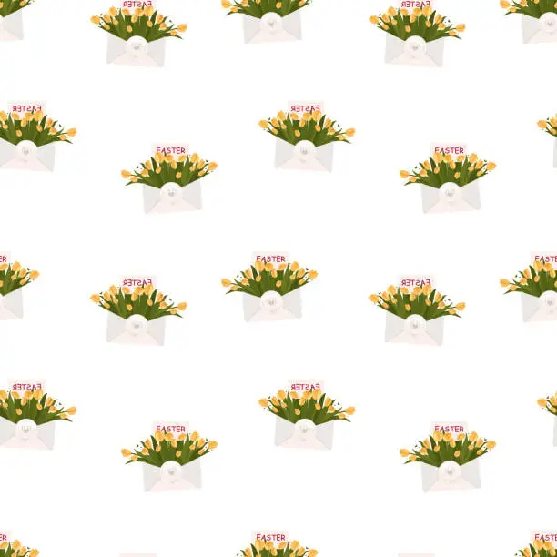 Vector illustration of Seamless pattern of paper envelope filled with spring flowers, tulips.