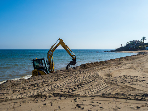 03/13/02024. Mijas, Málaga, Spain.  Works of conditioning of the beaches of Mijas devastated by an easterly storm.