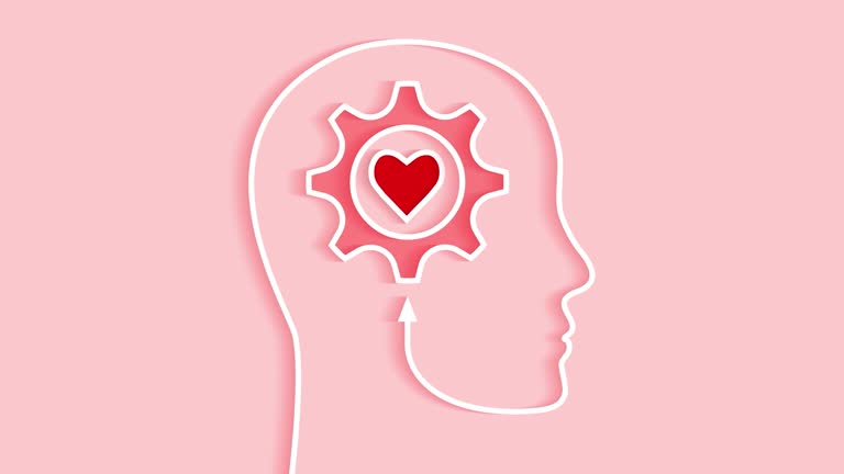 Animation with head, gear and heart coming together as human brain and mind symbol