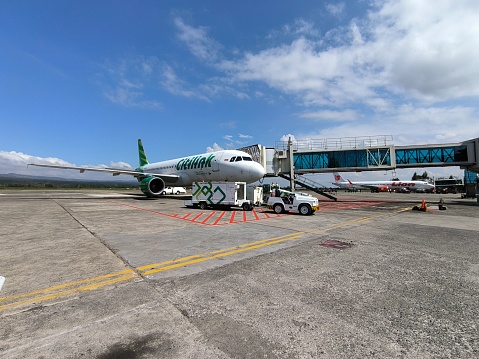 Blang Bintang, Aceh Besar, Aceh, Indonesia, February 21, 2024 - Airbus A 320 Citilink Indonesia Shortly after boarding, this aircraft requires Ground Power to replace the APU to start the engine.