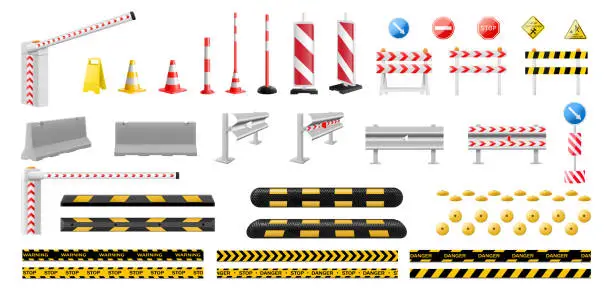 Vector illustration of Set of traffic light, boom barrier gate, road barrier fence, speed bump ,road cone. Striped yellow and black barriers for blocking road. Speed bump element or obstacle on the road. Realistic 3d Vector