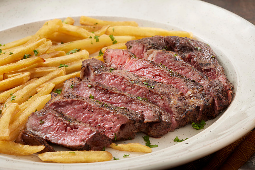 Steak Frites - Medium Rare Strip Loin Steak with Shoe String French Fries and Mayo