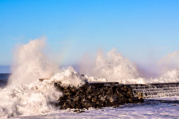 big wave in the ocean - image alternative energy canary islands color image imagens e fotografias de stock