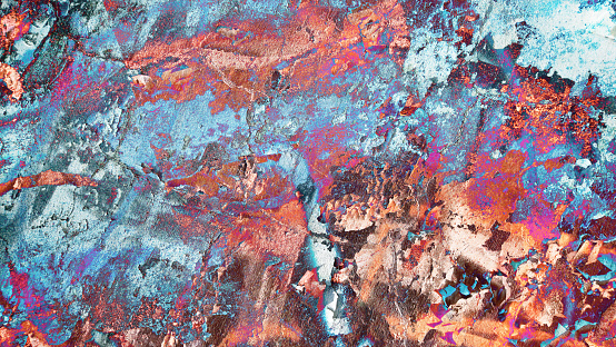 High Resolution old weathered polychrome concrete wall detail, coated with multiple layers of various paints, applied through the years randomly one on top of the other, cracking and peeling off, run down by the elements, grunge background texture stock photo.