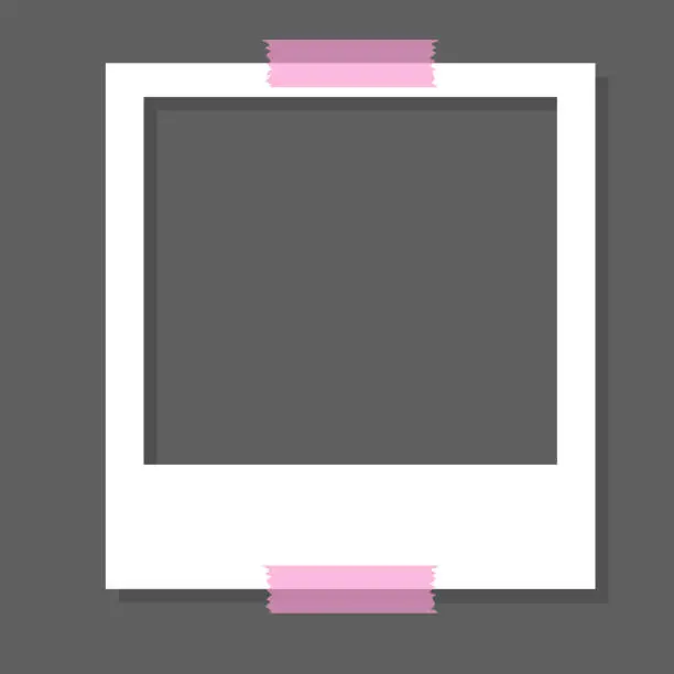 Vector illustration of white square photo frame with pink tape, transparent background. Vector illustration. scrapbook