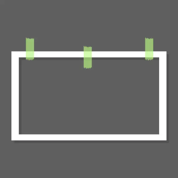 Vector illustration of white empty photo frame with green tape isolated on transparent background. Vector