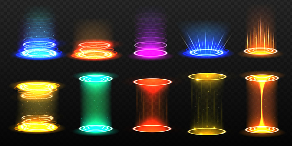 Level up effect. Realistic teleportation portal. Teleportation process game effect, futuristic lighting and bright wrap aura. Energy circles and rays on black background.