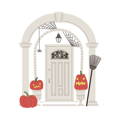 Entrance white door decorated for Halloween. Cartoon carved pumpkins, broom, cobweb and spider near front door. Vector illustration autumn holiday house porch exterior