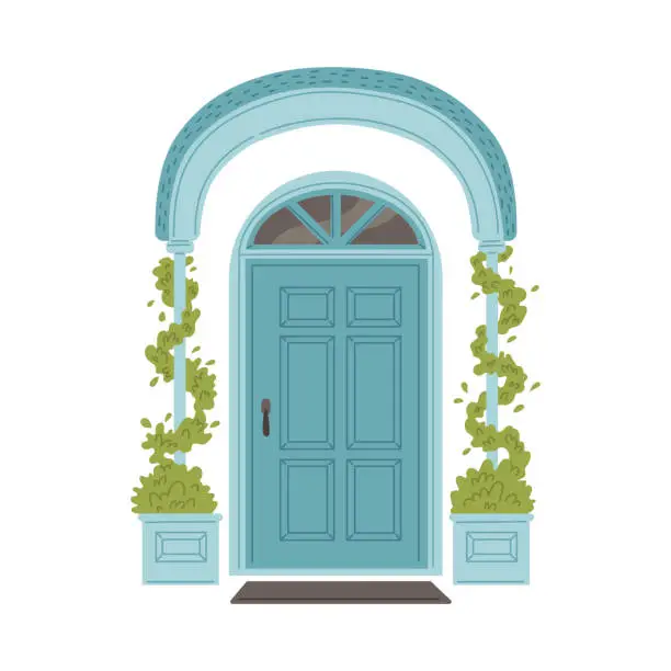 Vector illustration of Home entrance blue door with arch, cartoon house porch exterior with climbing plants in pots and rug vector isolated