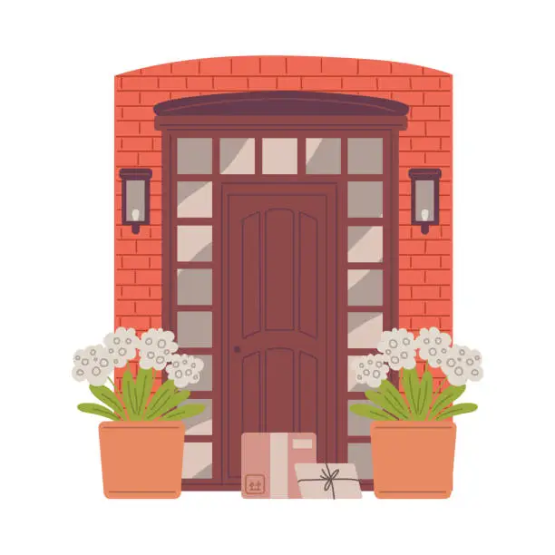 Vector illustration of Home entrance wooden door in brick wall, vector cartoon house porch exterior with white flower pots and lanterns