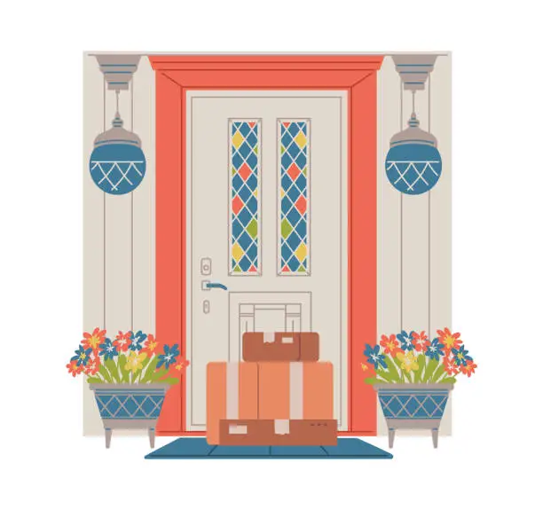 Vector illustration of Entrance door with stained glass, flowerpots and lantern, cardboard boxes near the door, vector delivery to house porch