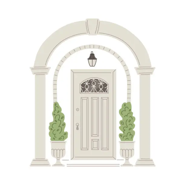 Vector illustration of Home entrance white door with arch and column, cartoon house porch exterior with plants in pots vector isolated