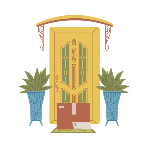 Vector illustration of Parcel standing in front of bright yellow door flat style