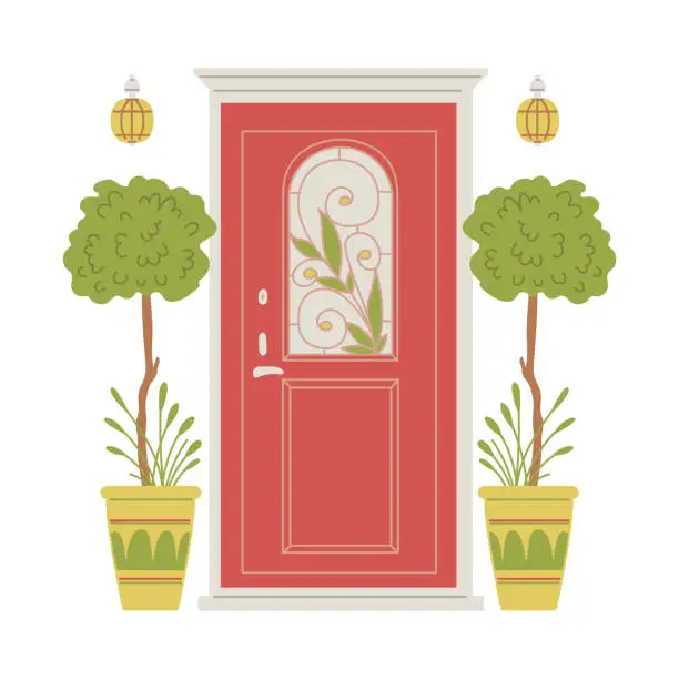 Vector illustration of Home entrance red door with stained glass with floral ornament, vector illustration house porch with flowerpots lanterns