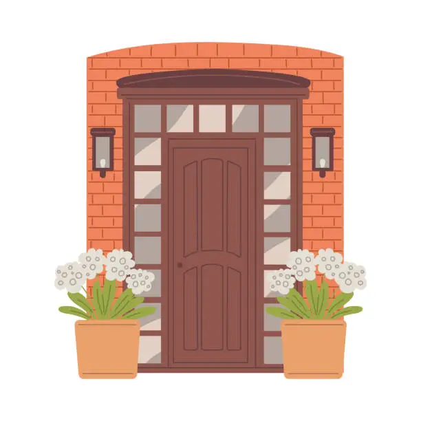 Vector illustration of Home entrance wooden door in brick wall, vector cartoon house porch exterior with white flower pots and lanterns