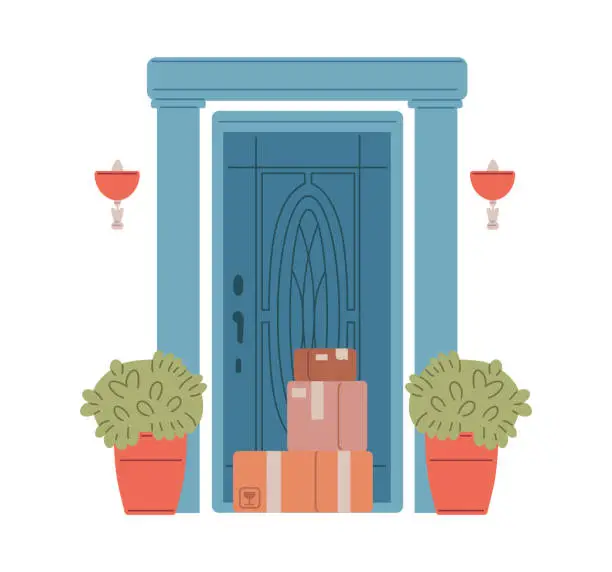 Vector illustration of Entrance blue door with flowerpots and lantern, cardboard boxes near the door, vector house porch with delivery orders