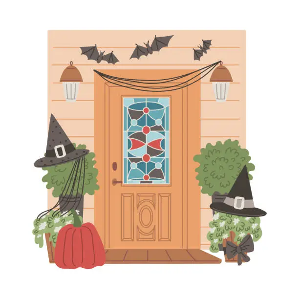 Vector illustration of The front door was decorated for Halloween with witch hats, cobwebs, a spider and a pumpkin.