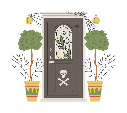 Happy Halloween. A creepy door decorated for Halloween. Vector illustrations depicting cobwebs, spiders, skulls and bones. Cartoon vector illustration.
