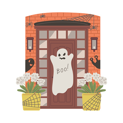 The front door decorated for Halloween. A door with a ghost, cobwebs, scary shadows and spiders. Vector flat illustration on a white background
