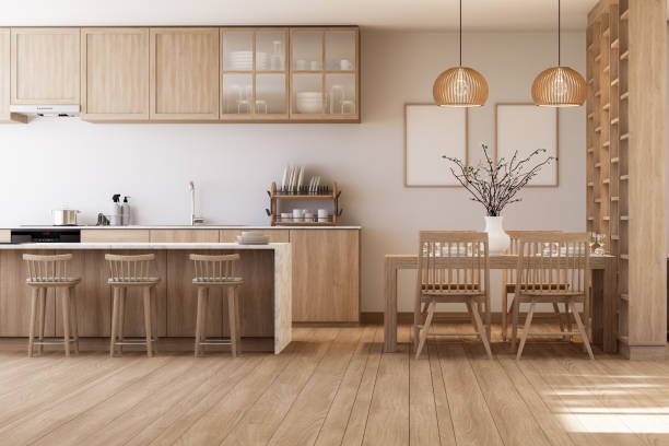istock Modern contemporary wooden kitchen and dining room 3d render illustration 2094673163