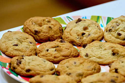 A dozen freshly baked, homemade chocolate chip cookies displayed on a colorful plate ready for consumption.
