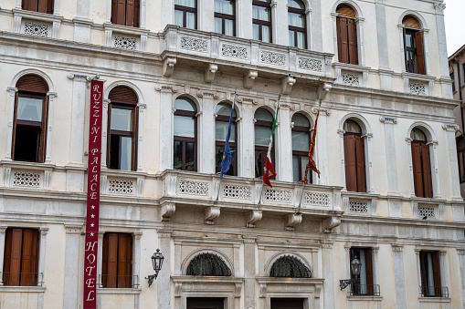 Venice, Italy- Feb 26, 2023: The Front of Ruzzini Palace Hotel in Venice.