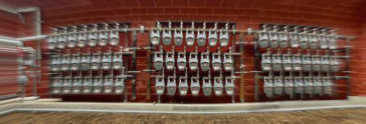 special effects wide angle view of utility meters on the side of an apartment building, Long Island, New York State