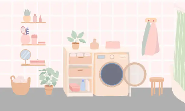 Vector illustration of Bathroom interior with washing machine, flowers, shelf, towels. Simple cute flat vector illustration.