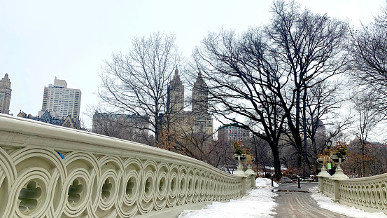 A photo taken from Bow Bridge in Central Park, New York City in the winter