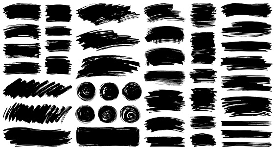 Set of paint brush strokes and backgrounds. Hand drawn design elements. Isolated vector grunge images black on white.
